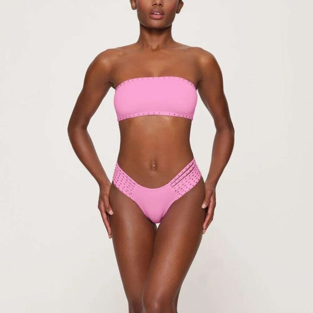 SKIMS Rhinestone Swim Bandeau Bikini Top NWT IN LIGHT PINK